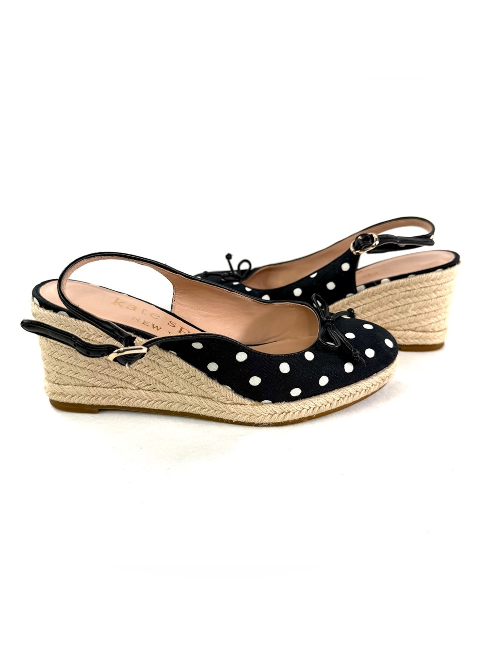 KATE SPADE Panama Women Size 6.5 Black White Polka Dot Espadrille Wedge Shoe - Picture 6 of 9